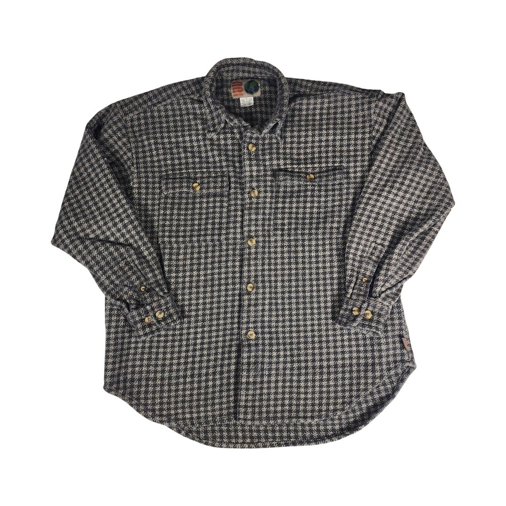 Unionbay Mens Large Vintage Houndstooth Heavy Cotton Flannel Shirt‎ Navy Blue L